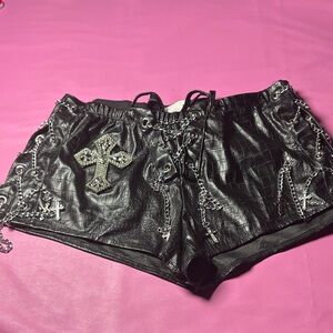 Black Faux Leather Embellished Women's Bike Shorts